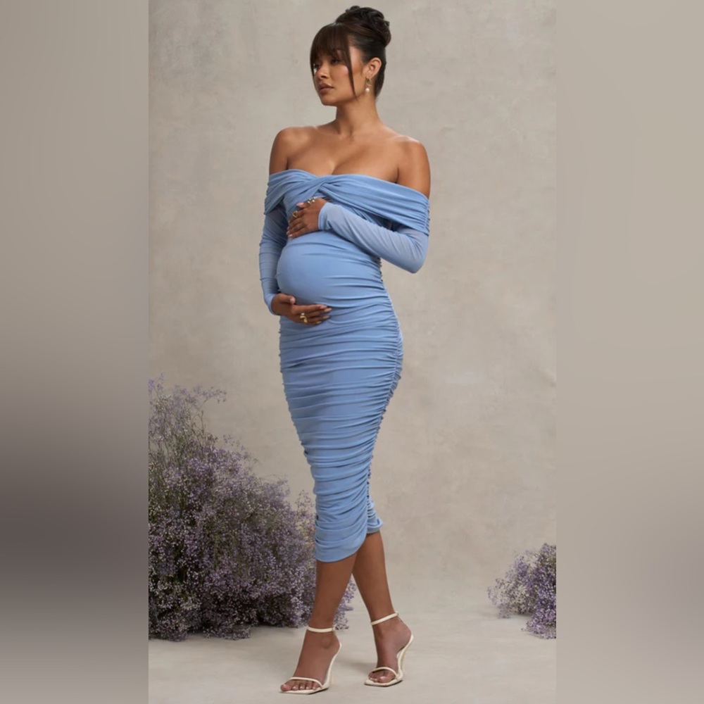 POWDER BLUE BARDOT TWIST MATERNITY MIDI DRESS CLUB L LONDON US SIZE 6